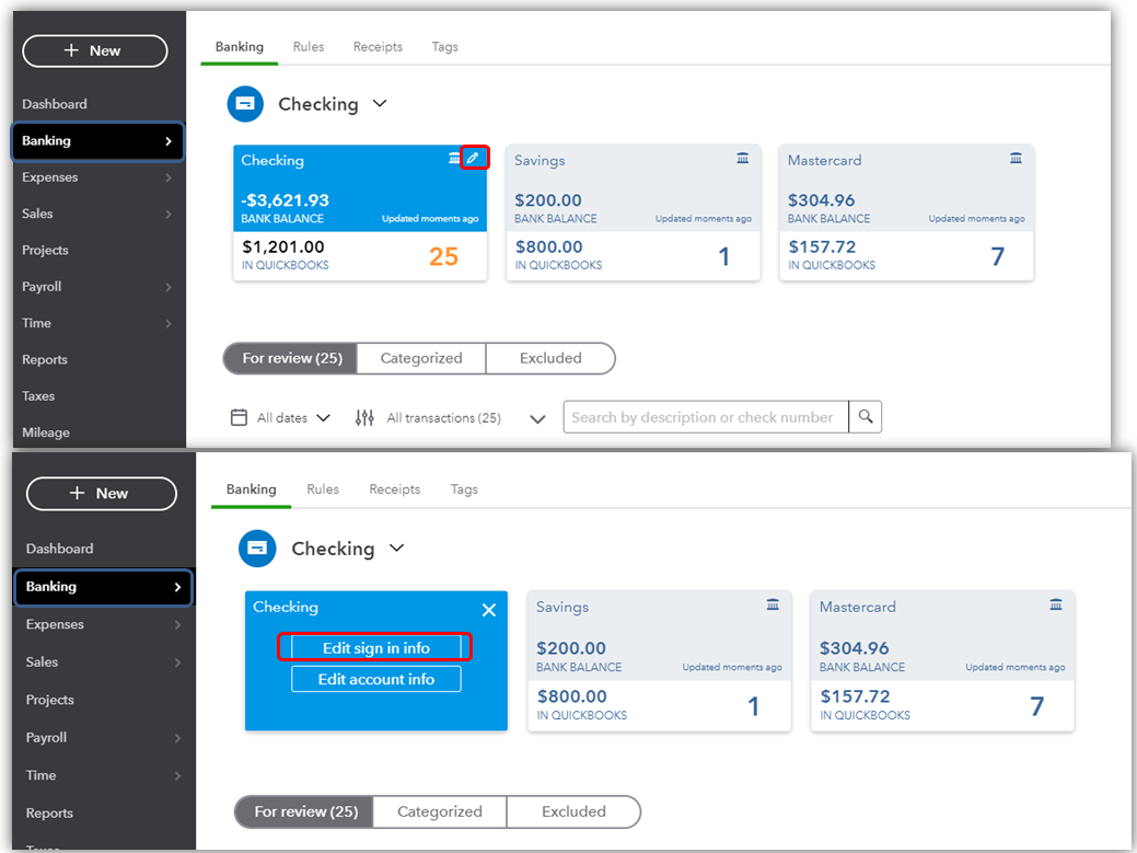 Edit login information in QuickBooks