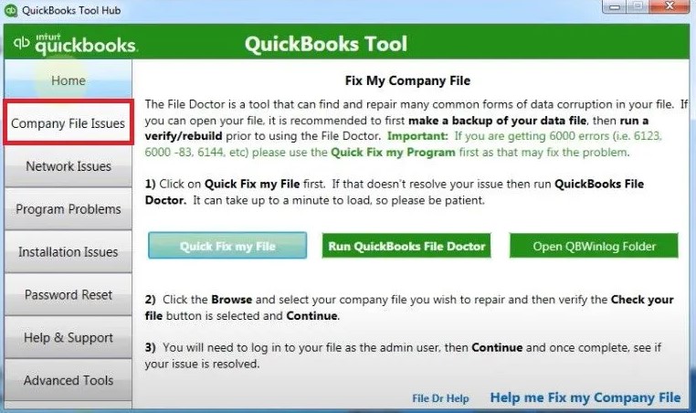 Fix the company file using Quick fix my tool