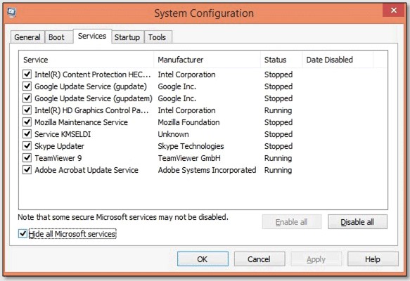 System configuration window