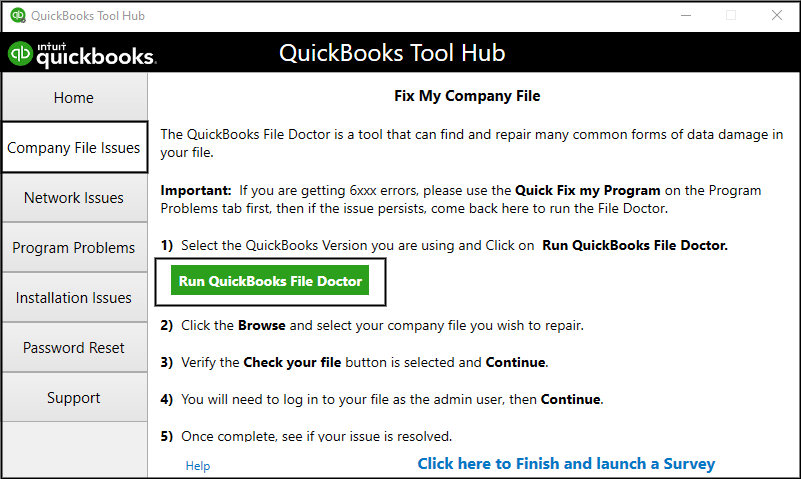 using Quickbooks File Doctor from Quickbooks Tool Hub