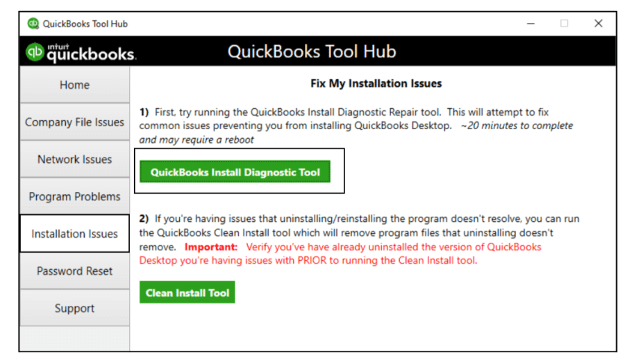 QuickBooks Install Diagnostic Tool inside QuickBooks Tool Hub