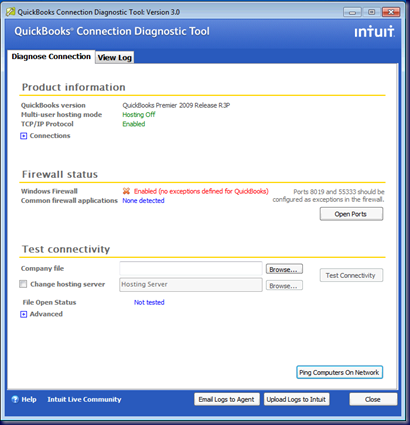 QuickBooks Connection Diagnostic Tool Interface