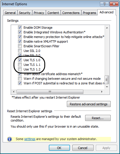 Tick the “Use TLS 1.0” and untick “Use TLS 1.1 & Use TLS 1.2.”