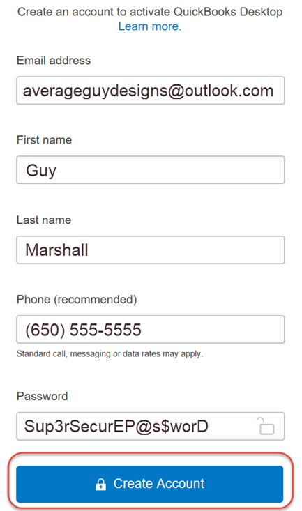Create an Account- QB Desktop