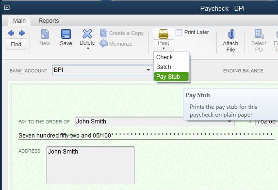 quickbooks desktop print paycheck stubs for employee