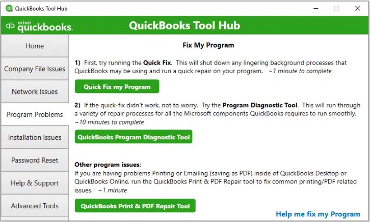 Run Quick fix my program feature