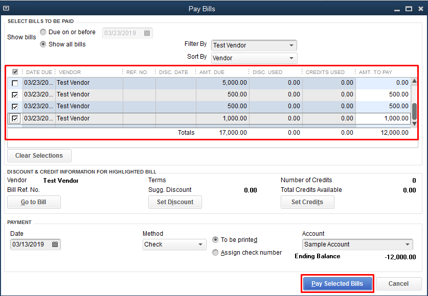 Pay Selected Bills for Quickbooks Vendor Refund 