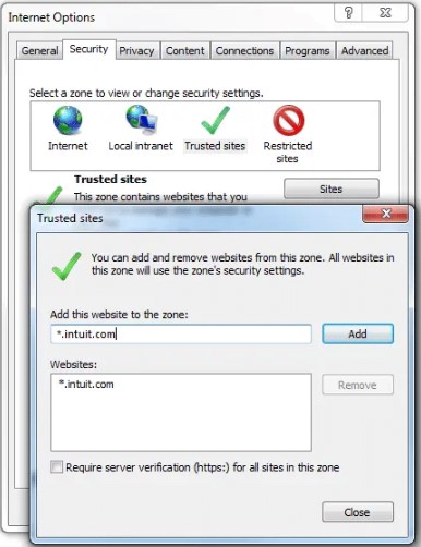 Add Intuit as Trusted Site