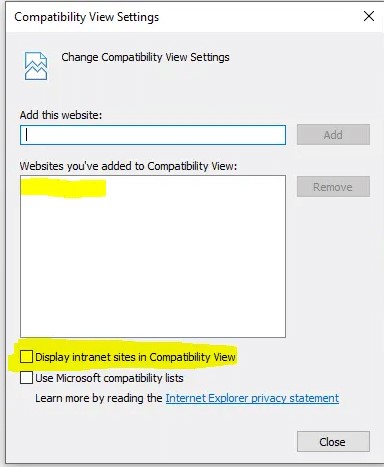 Configure the Internet Explorer browser in the compatibility view