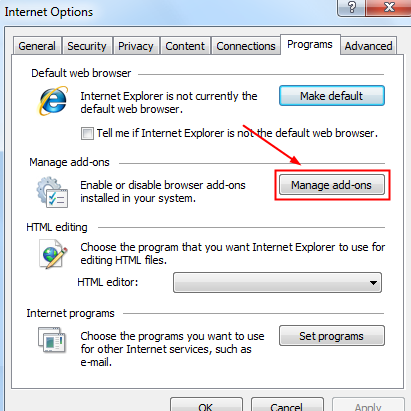 Error : Disable Add-ons on Internet Explorer