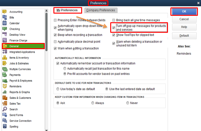 turn off pop up messages for products and services quickbooks