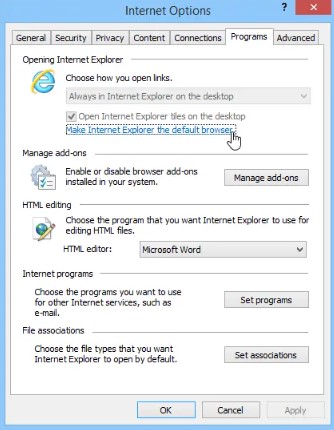 Make Internet Explorer as the default browser