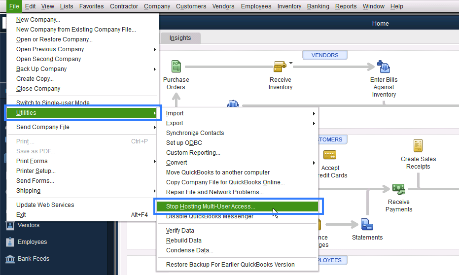 On the Server check the multi-user hosting setup of the QB application