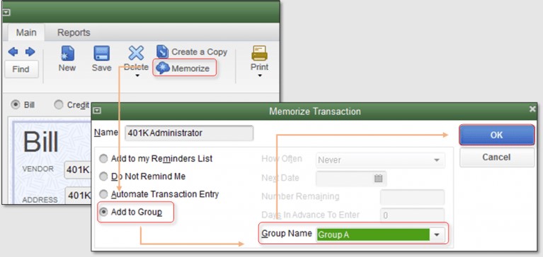 Adding an already memorized transaction to a group