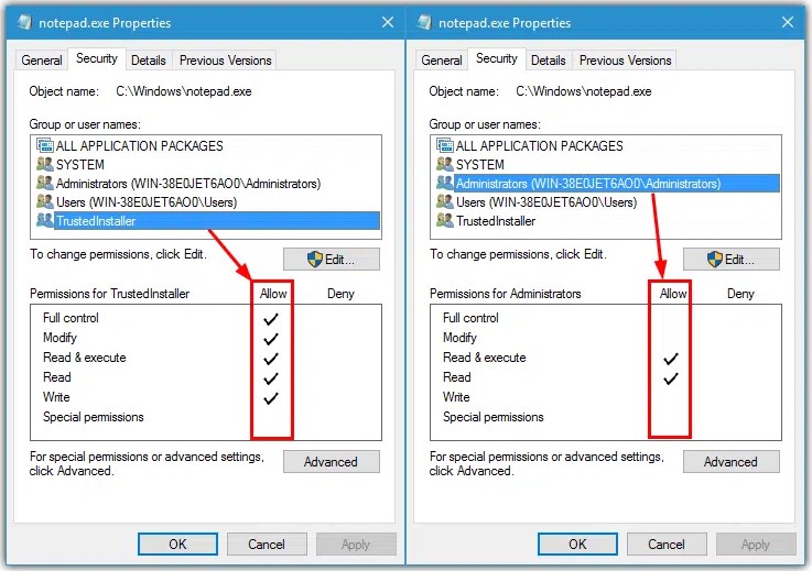 Checking or Resetting permissions for the folder