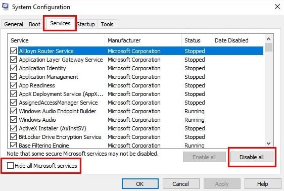 Hide all Microsoft services checkbox