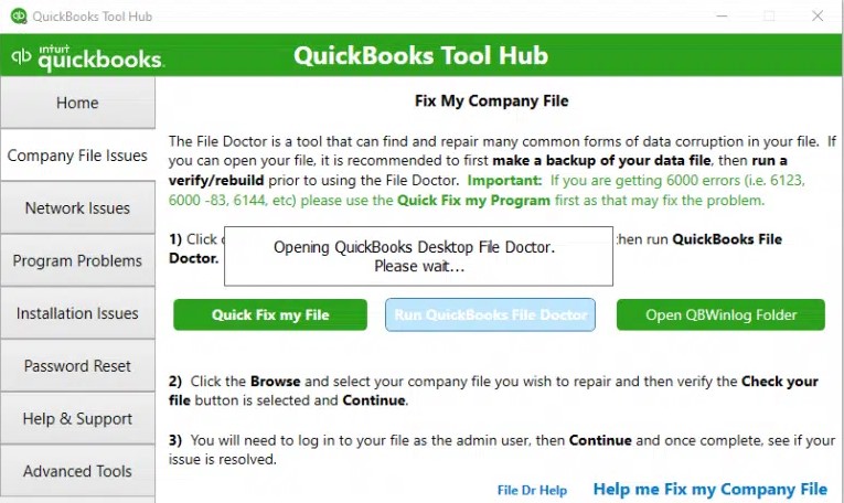 Utilize the Quickbooks file doctor tool