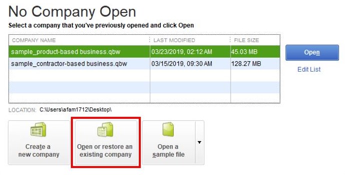 Edit the QuickBooks company filename