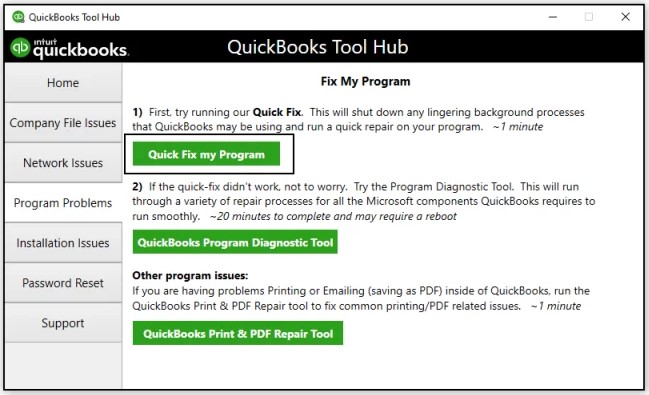 Launch Quick Fix My Program utility