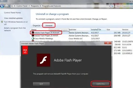 Reinstalling and uninstalling Adobe Flash player