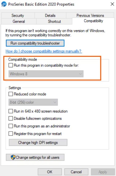 Run QuickBooks in a compatibility mode