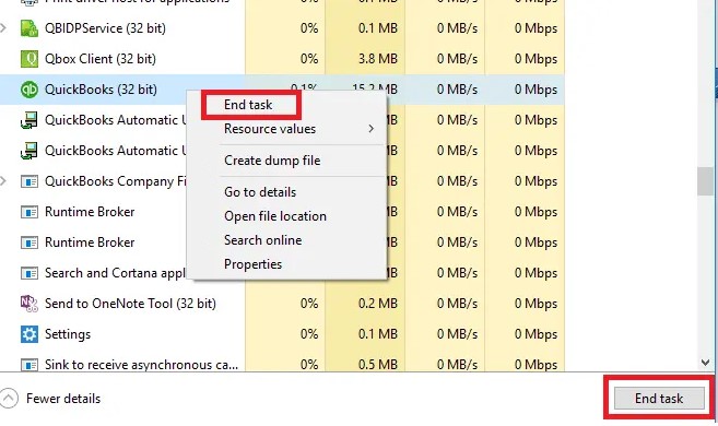 Terminate QuickBooks core processes using task manager