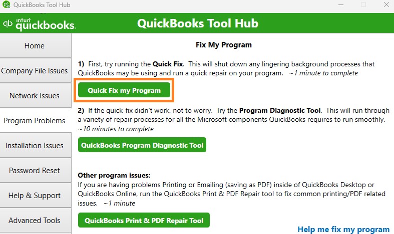 Use Quick Fix My Program using the QuickBooks tool hub