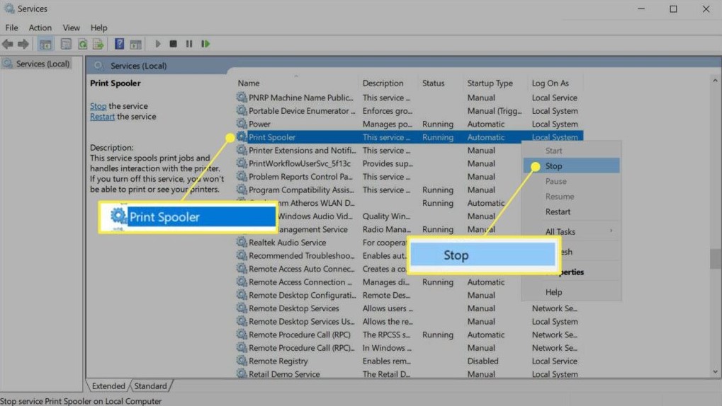 Clear or reset the print spooler or printing queue in windows