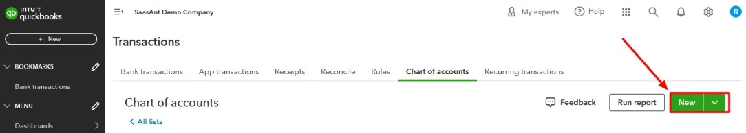 Click New on the Chart of Accounts