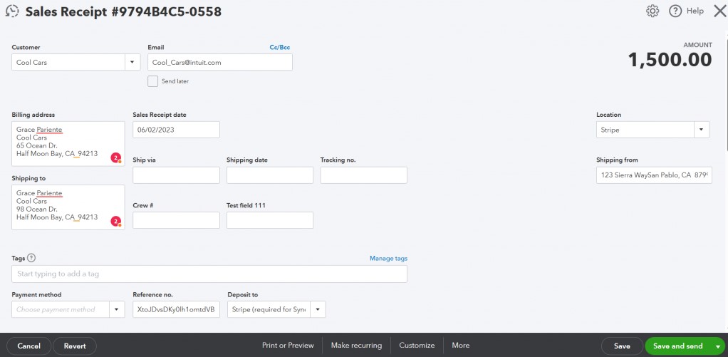 Sales receipt QuickBooks
