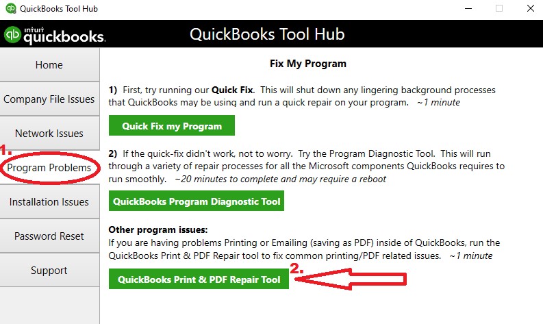 Use the QuickBooks PDF repair tool and print problems tool from the tool hub