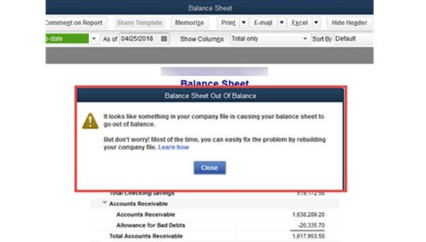 What is Quickbooks desktop balance sheet out of balance problem