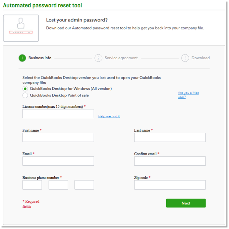 Enter details to use quickbooks password reset tool